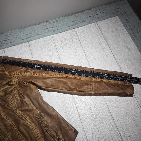 THRASHED J2 Camel Brown Faux Leather Jacket Crop LARGE Moto Steampunk Grunge Y2K - Picture 10 of 10